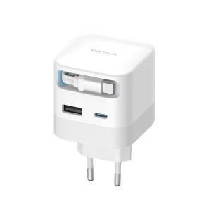 Cuktech AD653W 67 W GaN hálózati töltő 2× USB-C-vel, USB-A-val és kihúzható USB-C kábellel – fehér