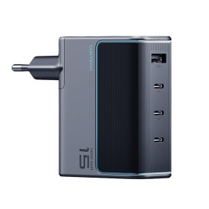 Cuktech AD1404UEU 140 W-os GaN hálózati töltő 3 db USB-C és USB-A porttal, USB-C kábellel, szürke