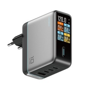 Cuktech AD1204U 120 W-os GaN hálózati töltő kijelzővel és USB-C kábellel, ezüst