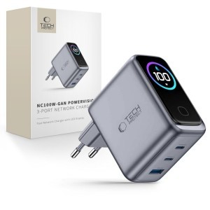 Tech-Protect PowerVision NC100W-GaN 3 portos 100 W-os hálózati töltő, sötétszürke (2×USB-C, 1×USB-A)