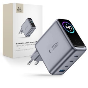 Tech-Protect PowerVision NC140W-GaN 140 W-os 4 portos hálózati töltő, sötétszürke (3×USB-C, 1x USB-A)