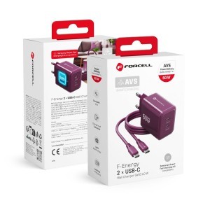 Forcell F-Energy GaN III Crystal Color VT-60 60 W-os hálózati töltő 2 db USB-C porttal és bordó USB-C–USB-C szilikonkábellel