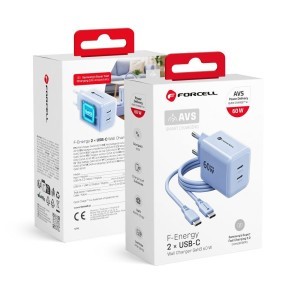 Forcell F-Energy GaN III Crystal Color hálózati töltő 2x USB C AVS SSFC3.0 60 W + szilikon kábel USB C – USB C VT-60 kék
