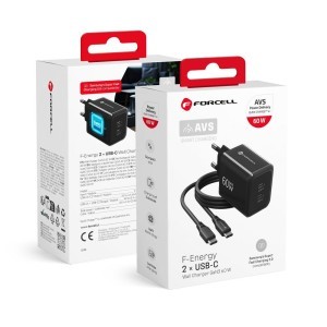 Forcell F-Energy GaN III Crystal Color 2 USB-C hálózati töltő SSFC3.0, 60 W, USB-C–USB-C szilikonkábellel, fekete