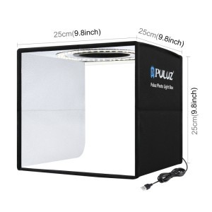 PULUZ fotódoboz, tárgysátor 25x25cm 6db kétoldalas papír háttérrel, állítható fényerővel fekete (PU5025B)-1