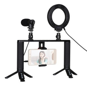 PULUZ 4 az 1-ben vlogger szett, video rig mobiltelefonhoz mikrofonnal, LED körfénnyel (PKT3028)-1
