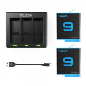 TELESIN 3 foglalatos töltő + 2db akkumulátor GoPro HERO9 Black / Hero 10 / Hero 11 / Hero 12 + 2 akciókamerához (GP-BTR-903)
