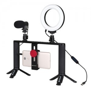 PULUZ 4 az 1-ben vlogger szett, video rig mobiltelefonhoz mikrofonnal, LED körfénnyel (PKT3028)-0